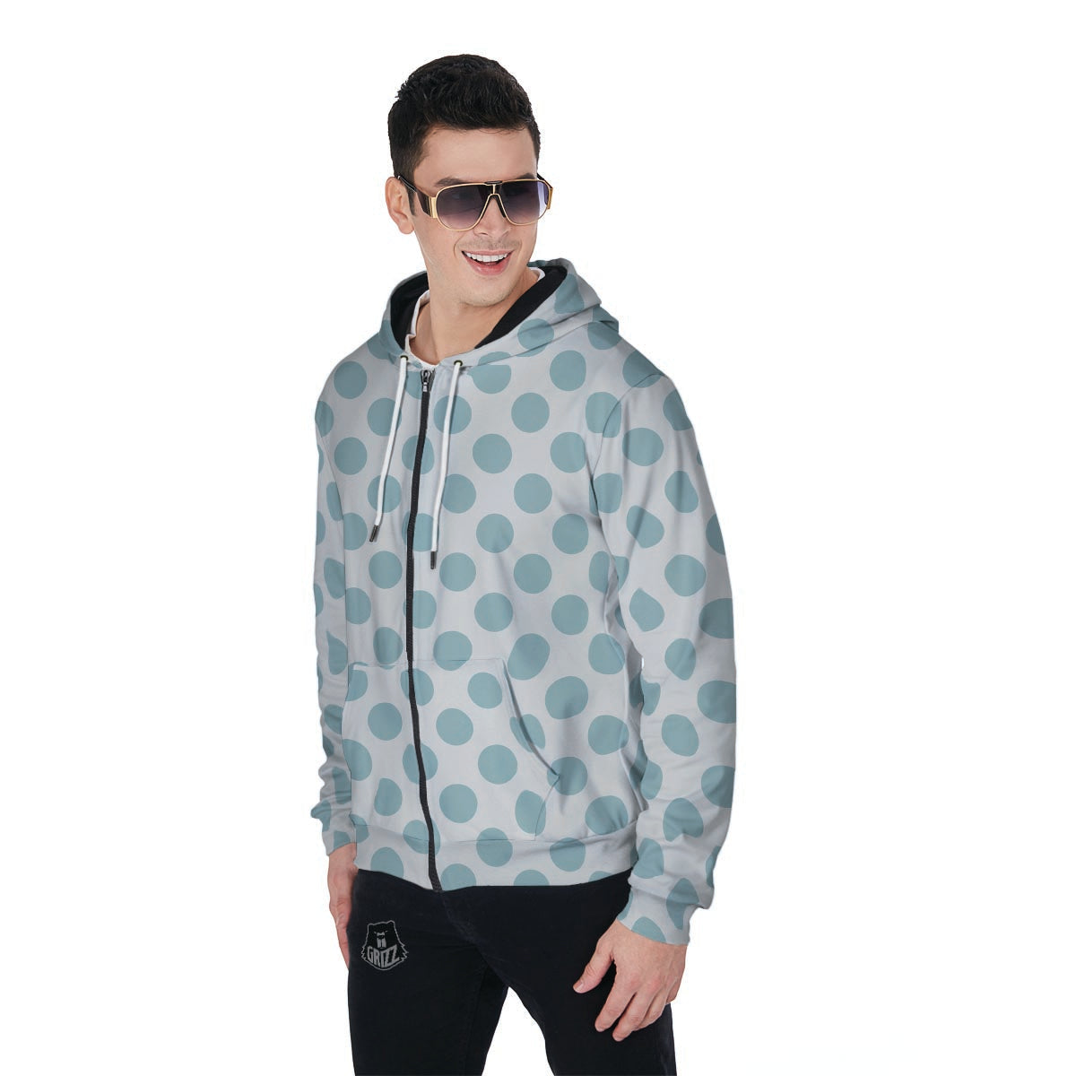 White and Teal Polka Dot Men's Zip Up Hoodie-grizzshop