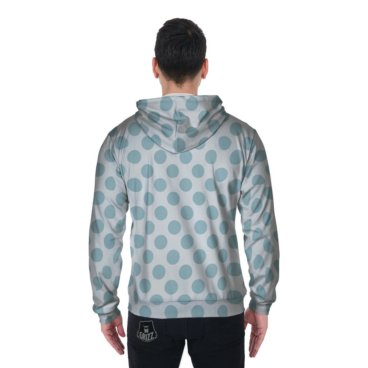 White and Teal Polka Dot Men's Zip Up Hoodie-grizzshop