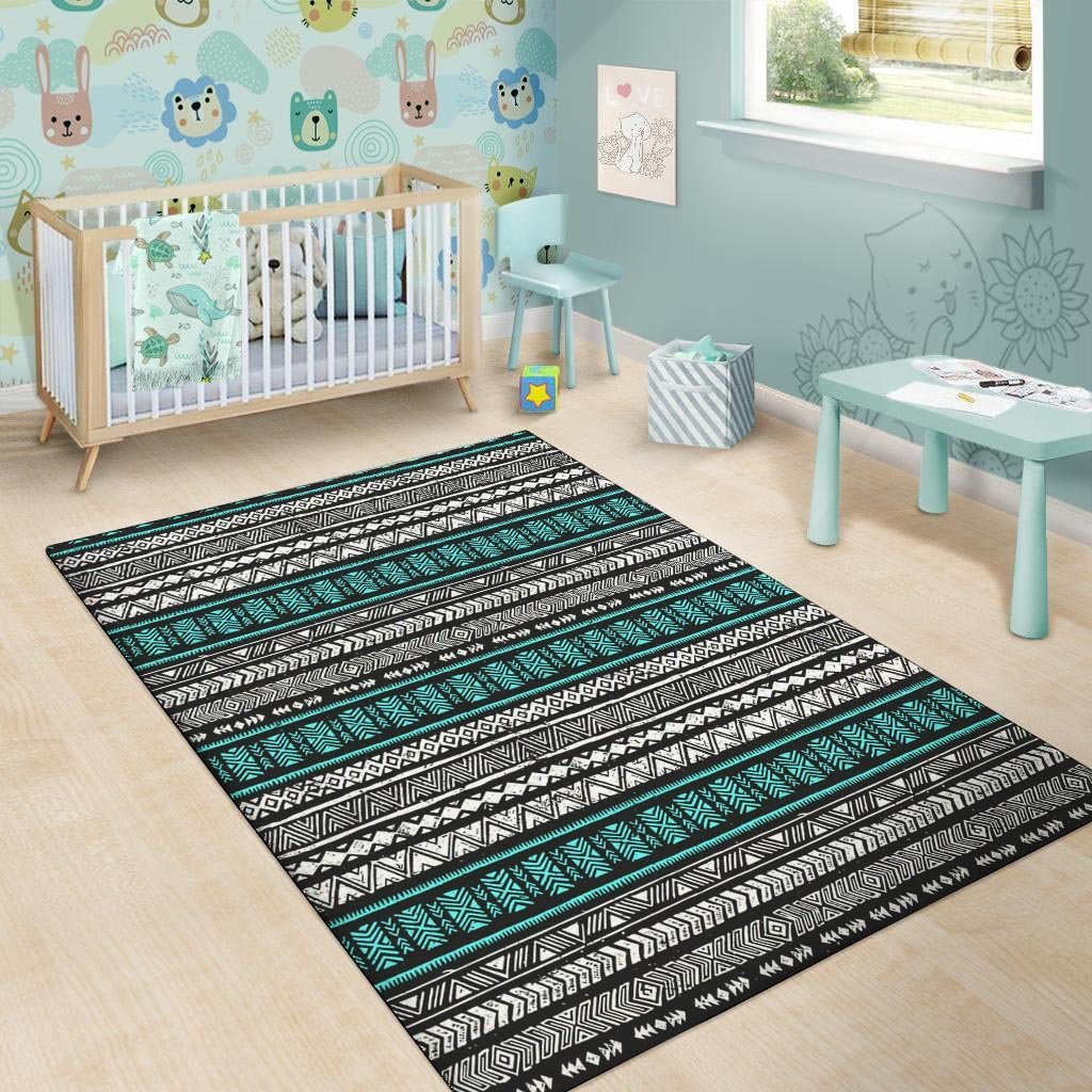 White and Turquoise Tribal Navajo Hand Drawn Floor Mat-grizzshop