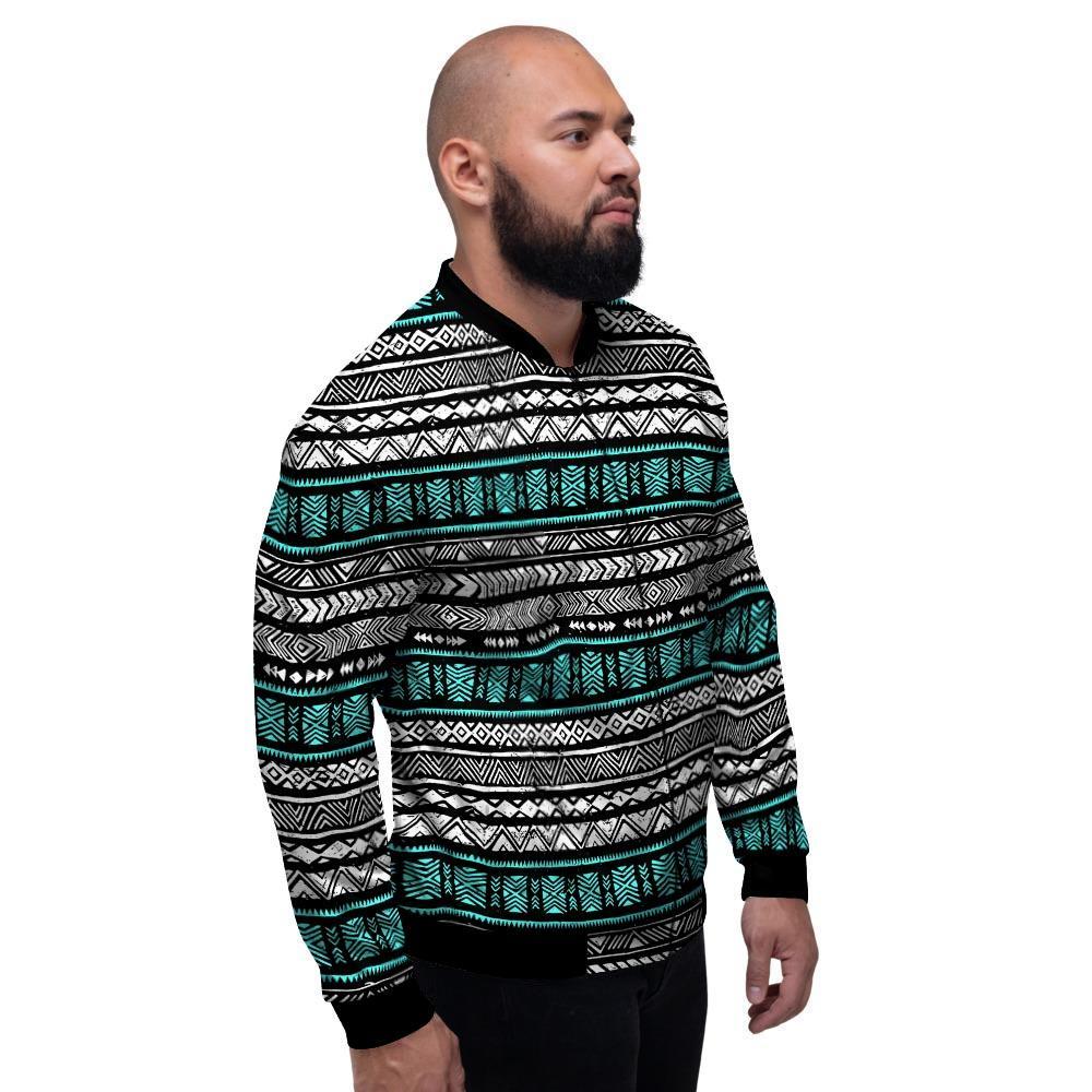 White and Turquoise Tribal Navajo Hand Drawn Men's Bomber Jacket-grizzshop