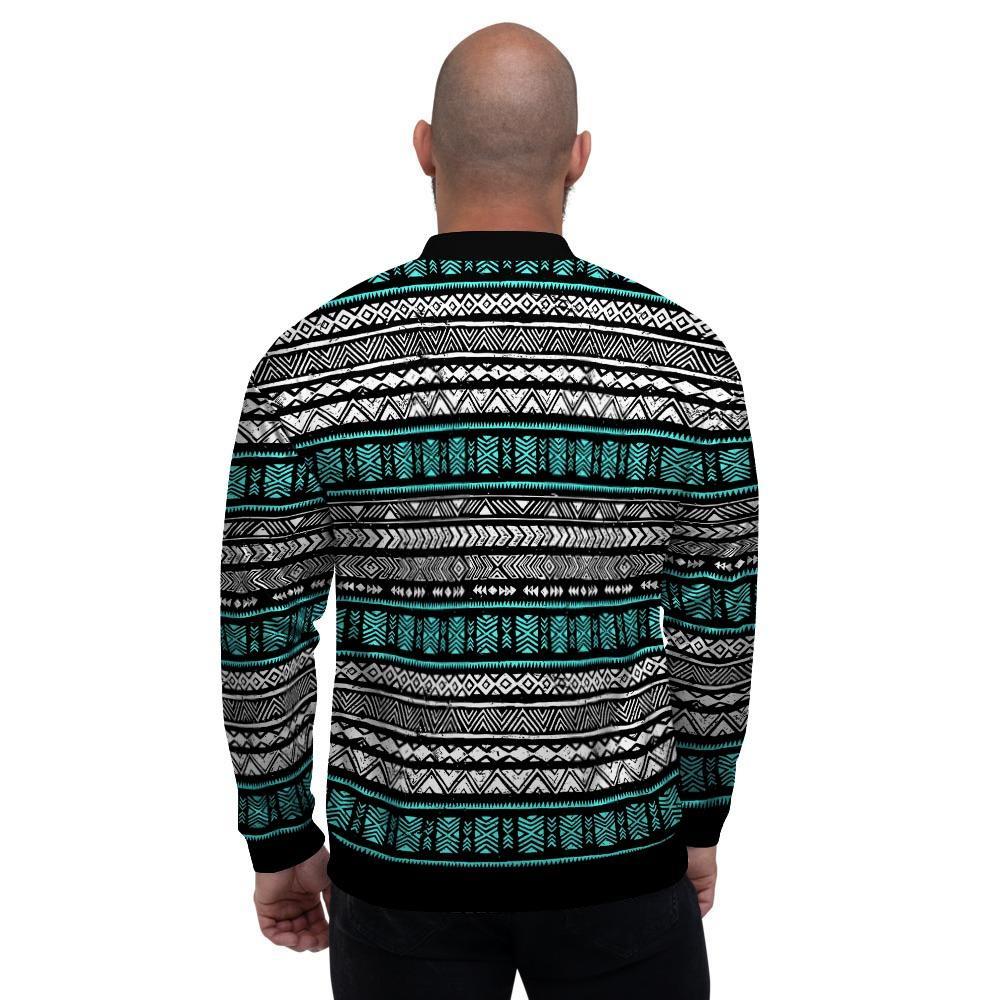 White and Turquoise Tribal Navajo Hand Drawn Men's Bomber Jacket-grizzshop