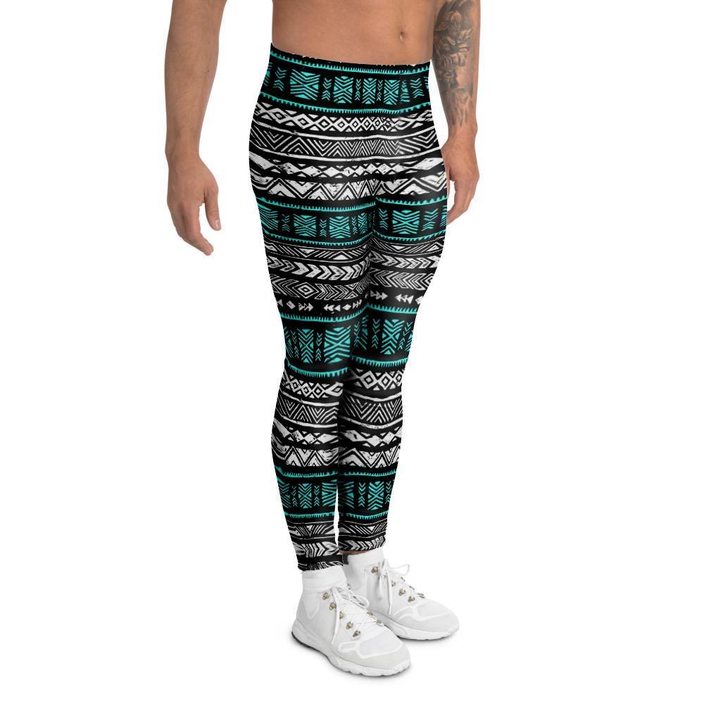 White and Turquoise Tribal Navajo Hand Drawn Men's Leggings-grizzshop