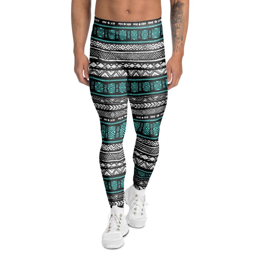 White and Turquoise Tribal Navajo Hand Drawn Men's Leggings-grizzshop