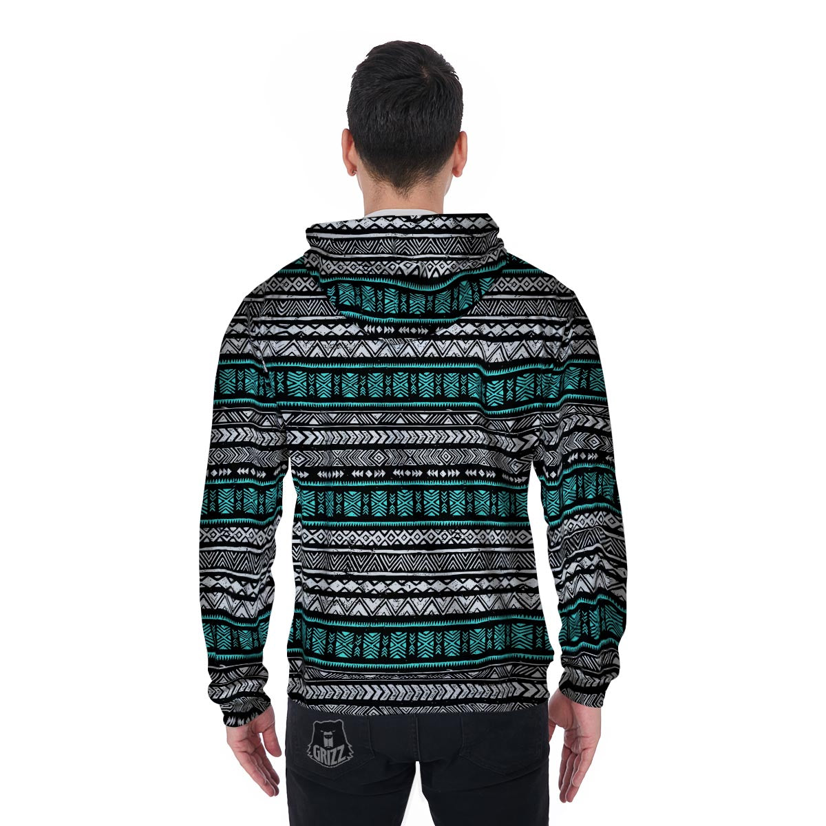White and Turquoise Tribal Navajo Hand Drawn Men's Zip Up Hoodie-grizzshop