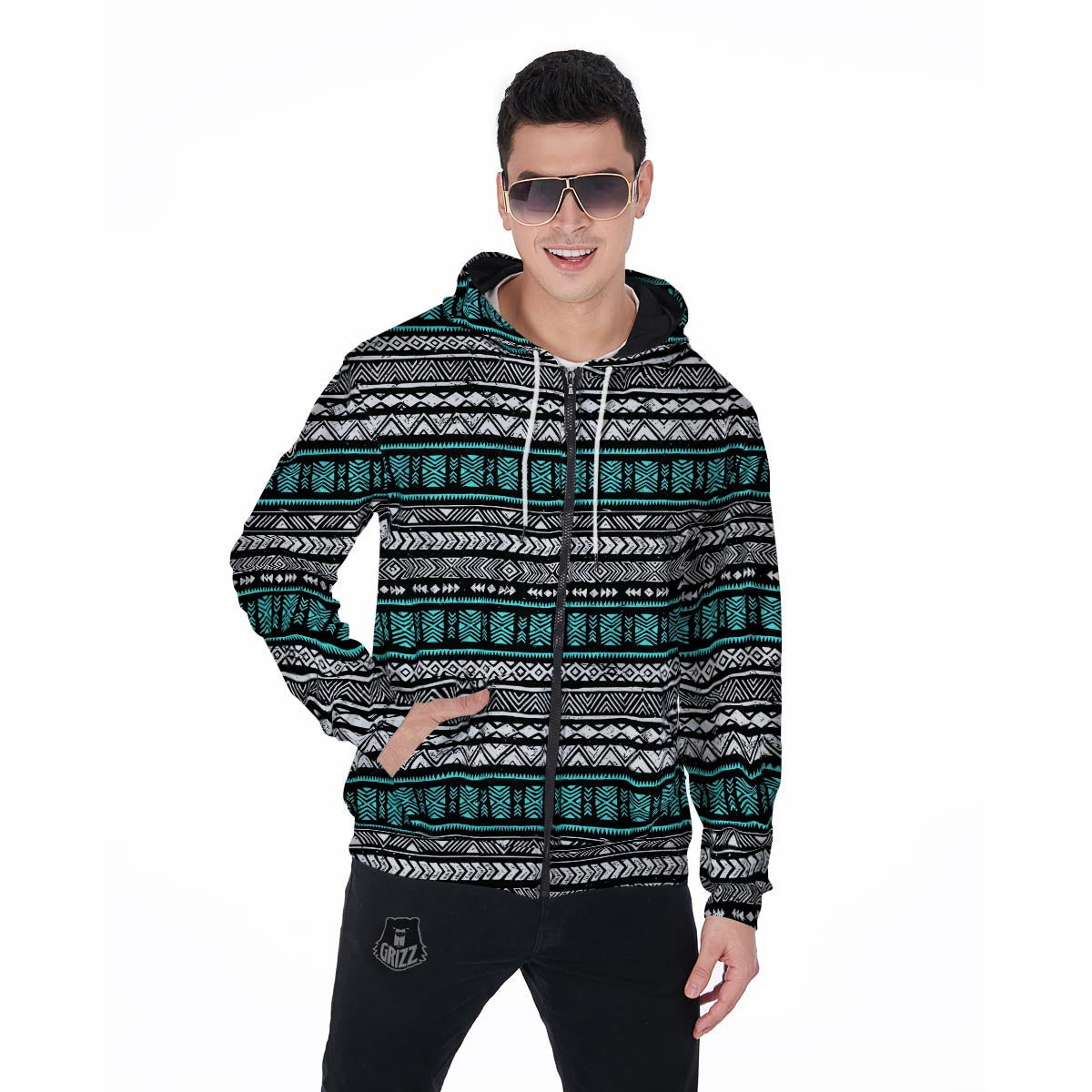 White and Turquoise Tribal Navajo Hand Drawn Men's Zip Up Hoodie-grizzshop