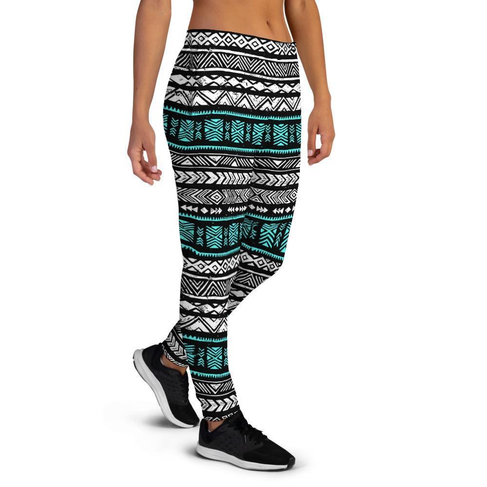 White and Turquoise Tribal Navajo Hand Drawn Women's Joggers-grizzshop