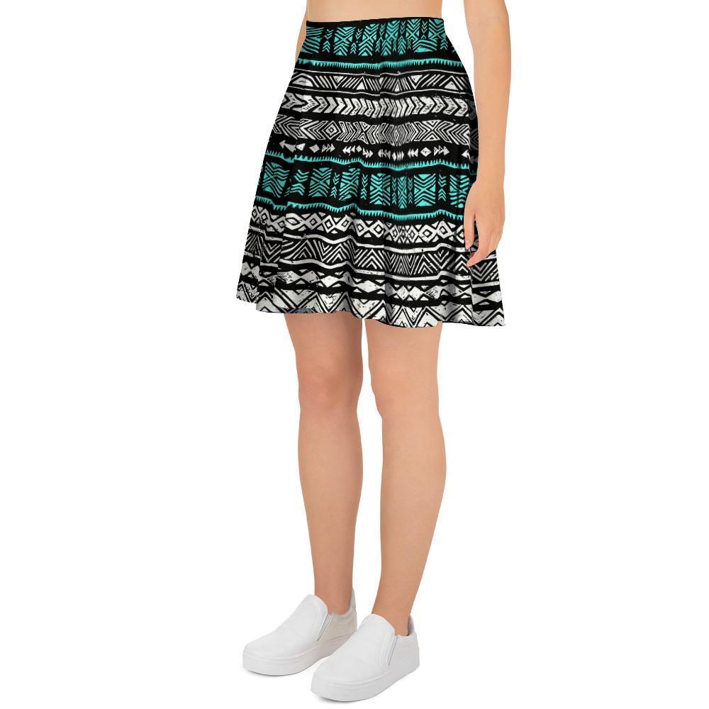 White and Turquoise Tribal Navajo Hand Drawn Women's Skirt-grizzshop
