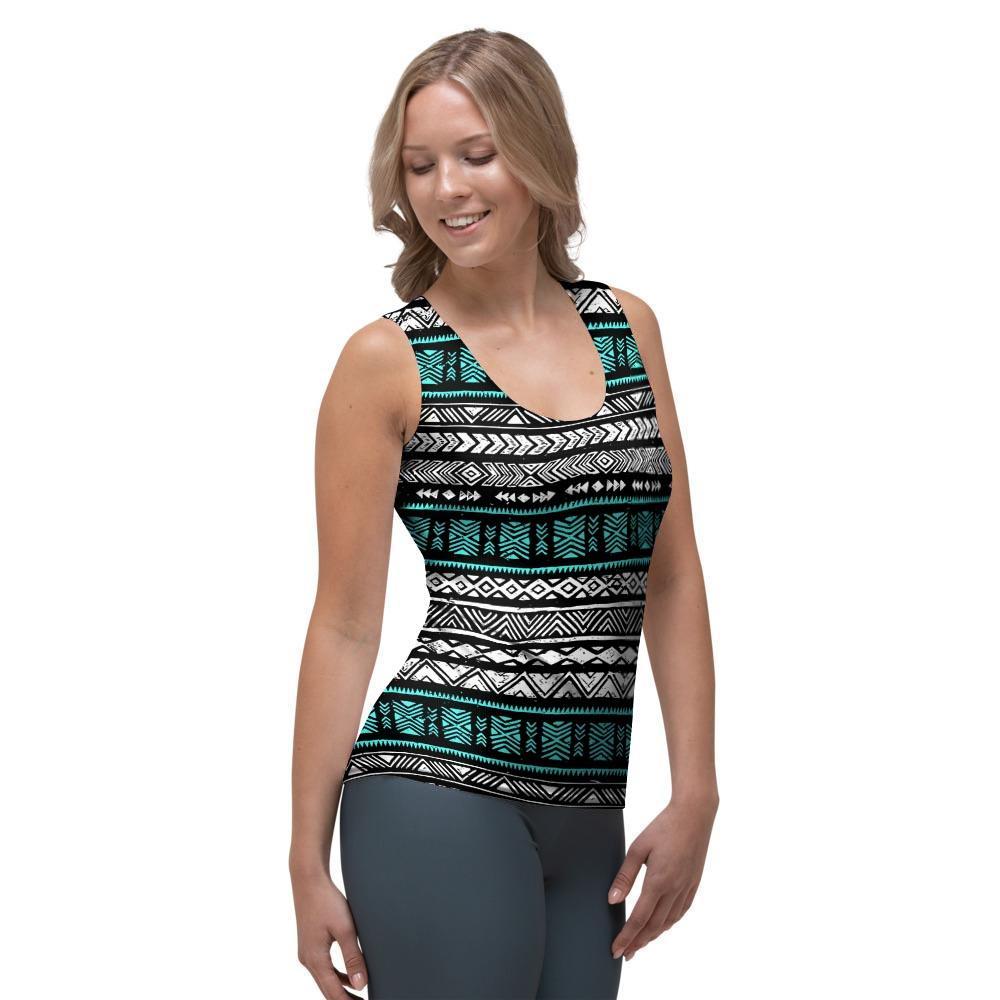 White and Turquoise Tribal Navajo Hand Drawn Women's Tank Top-grizzshop