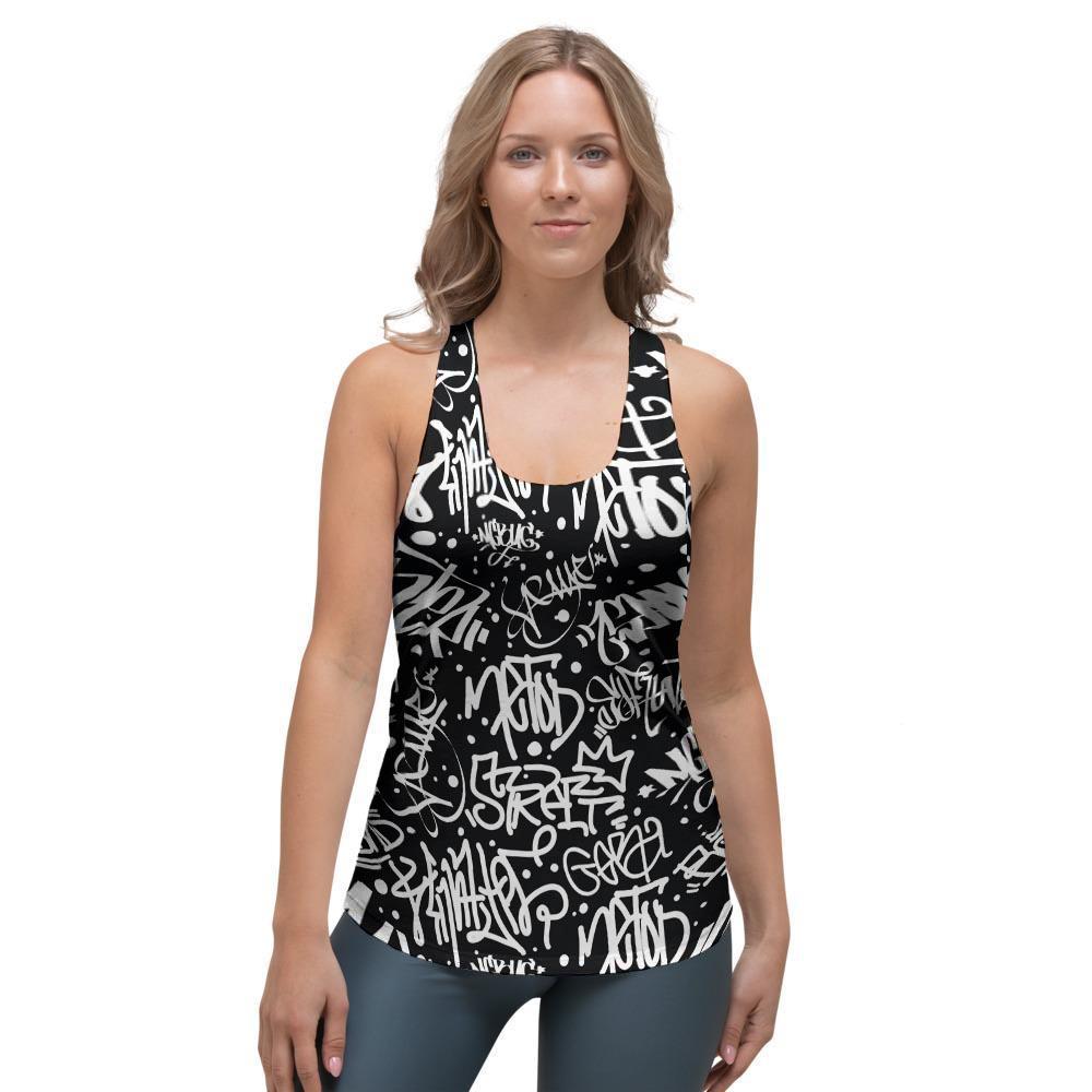 White And Black Graffiti Doodle Text Print Women's Racerback Tank Top-grizzshop