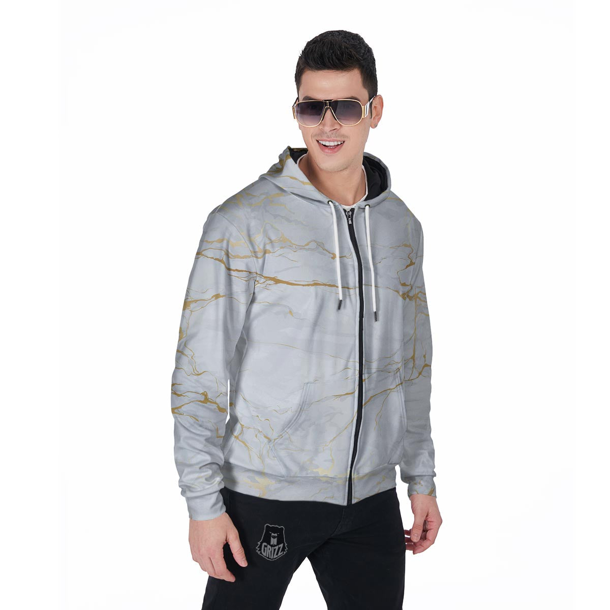 White Gold Marble Men's Zip Up Hoodie-grizzshop