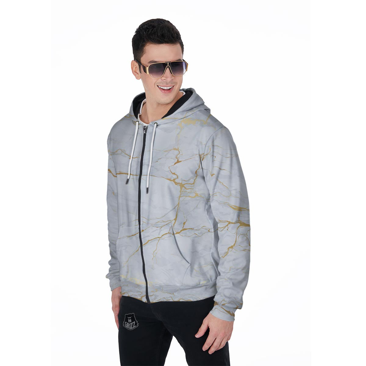 White Gold Marble Men's Zip Up Hoodie-grizzshop