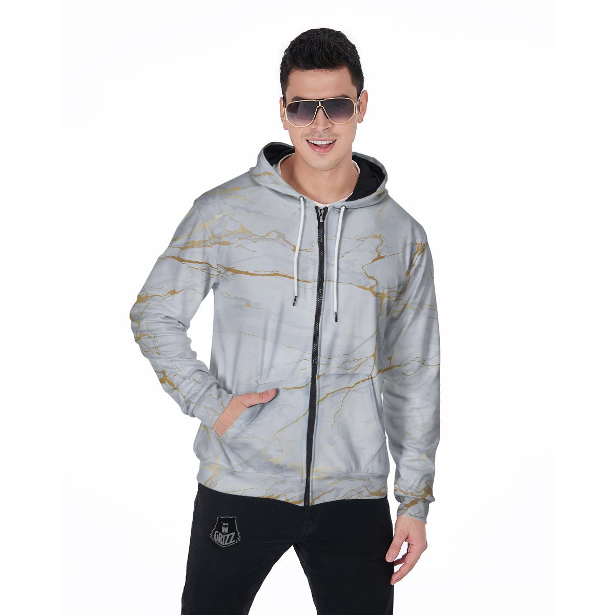 White Gold Marble Men's Zip Up Hoodie-grizzshop