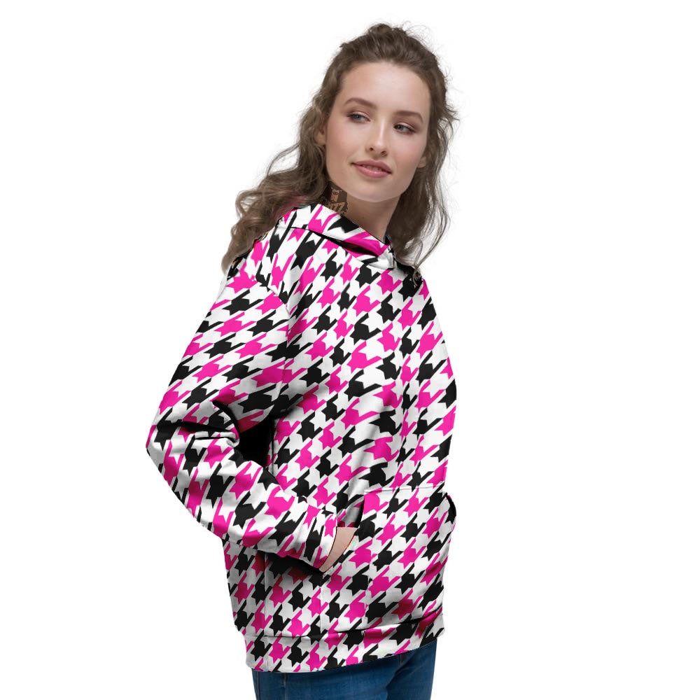 White Pink And Black Houndstooth Print Women's Hoodie-grizzshop