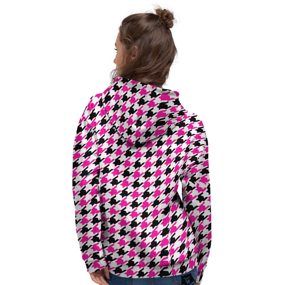 White Pink And Black Houndstooth Print Women's Hoodie-grizzshop