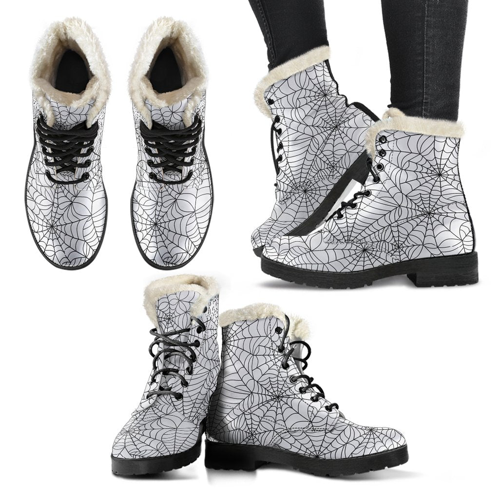 White Spider Web Pattern Print Comfy Winter Boots-grizzshop