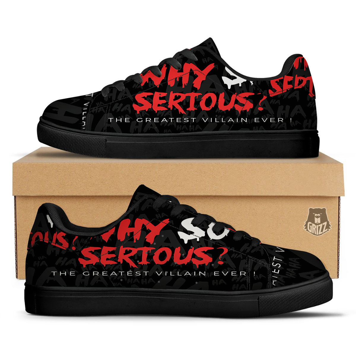 Why So Serious Laughing Joker Print Black Low Top Sneakers-grizzshop