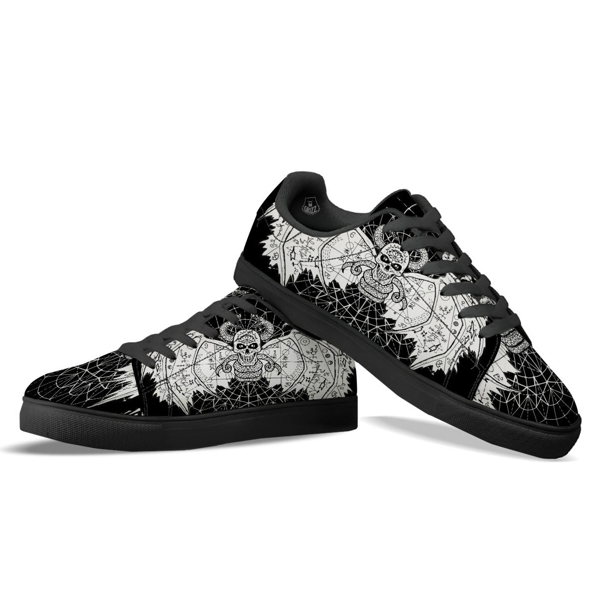 Wicca Devil Skull White And Black Print Black Low Top Sneakers-grizzshop