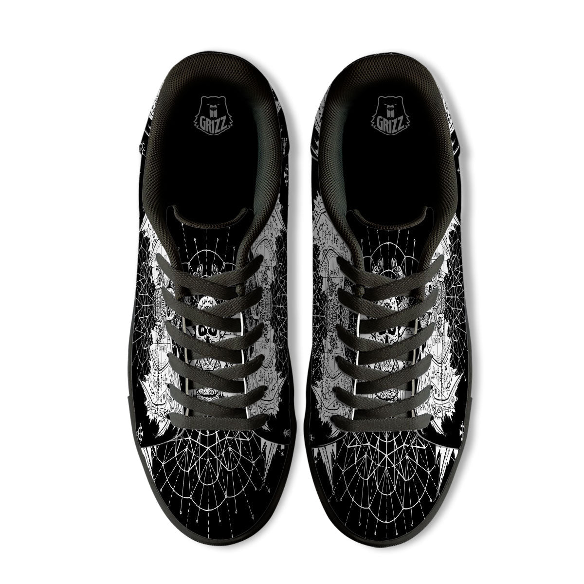 Wicca Devil Skull White And Black Print Black Low Top Sneakers-grizzshop