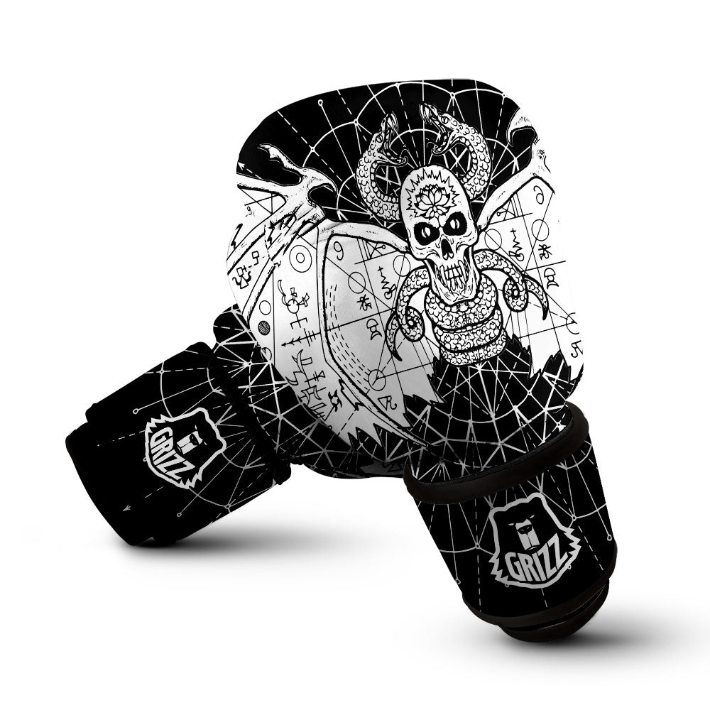 Wicca Devil Skull White And Black Print Boxing Gloves-grizzshop