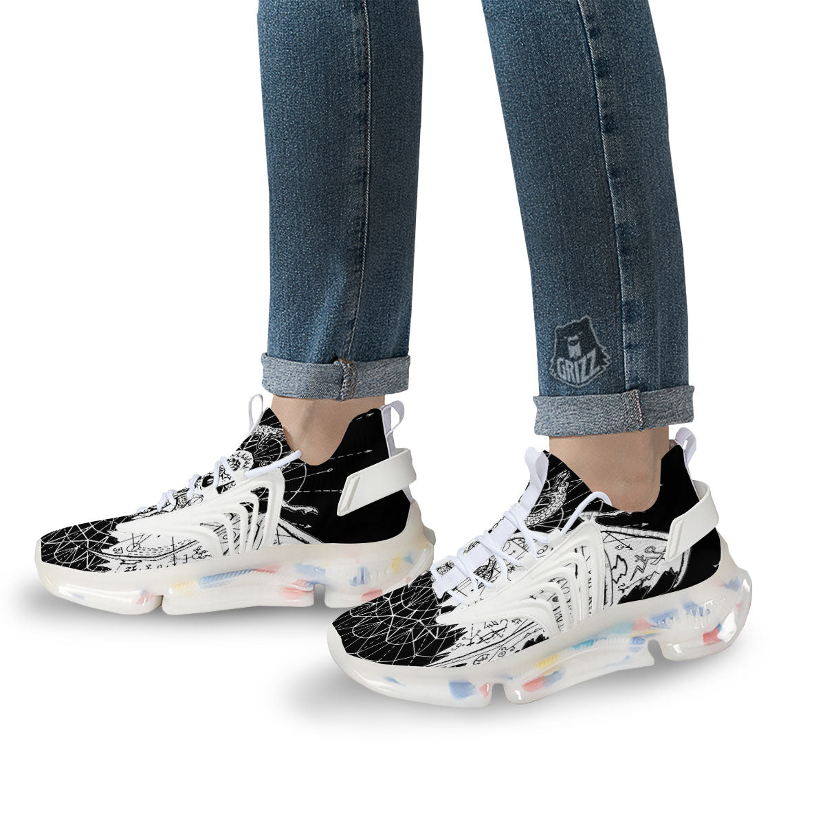 Wicca Devil Skull White And Black Print White Gym Shoes-grizzshop