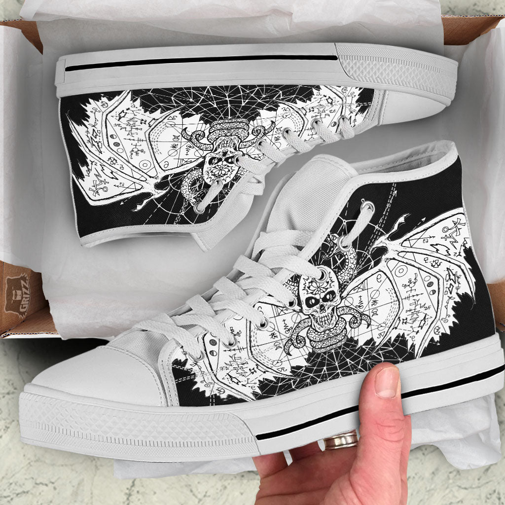 Wicca Devil Skull White And Black Print White High Top Shoes-grizzshop