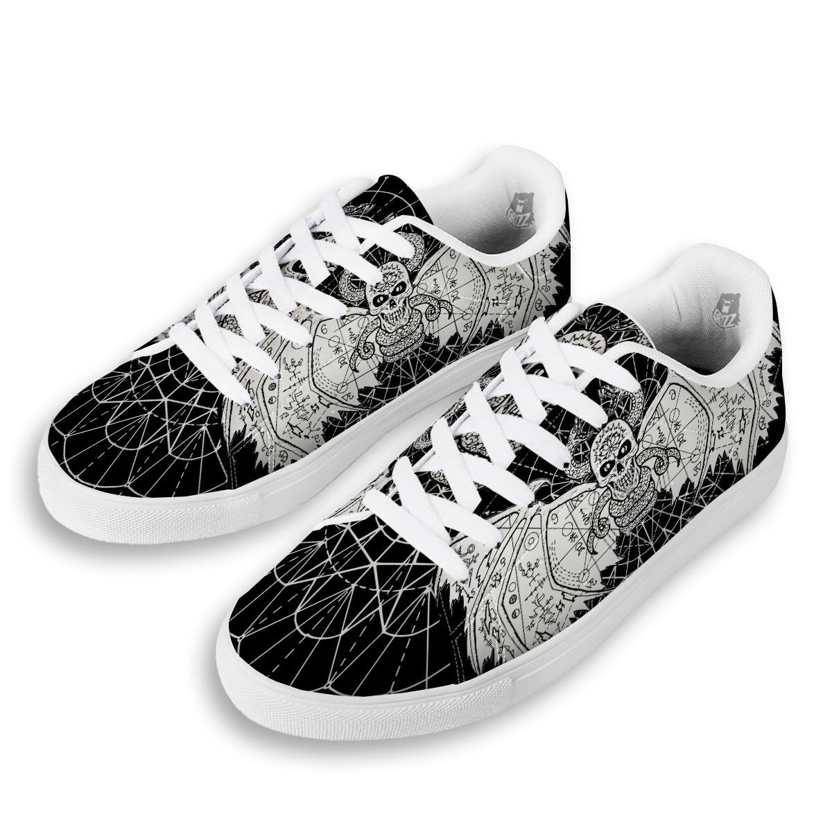 Wicca Devil Skull White And Black Print White Low Top Sneakers-grizzshop