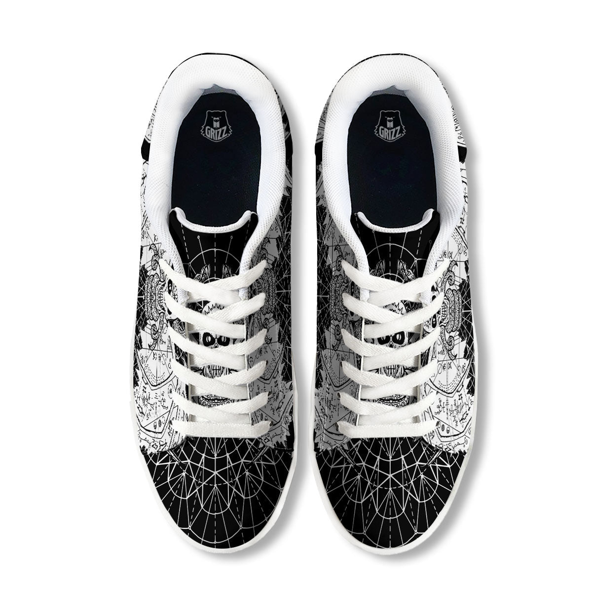 Wicca Devil Skull White And Black Print White Low Top Sneakers-grizzshop
