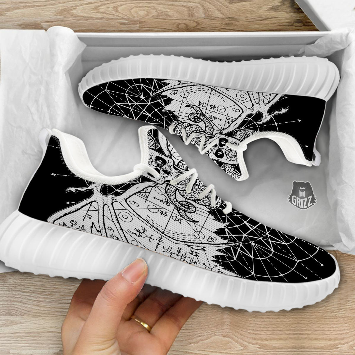 Wicca Devil Skull White And Black Print White Walking Shoes-grizzshop