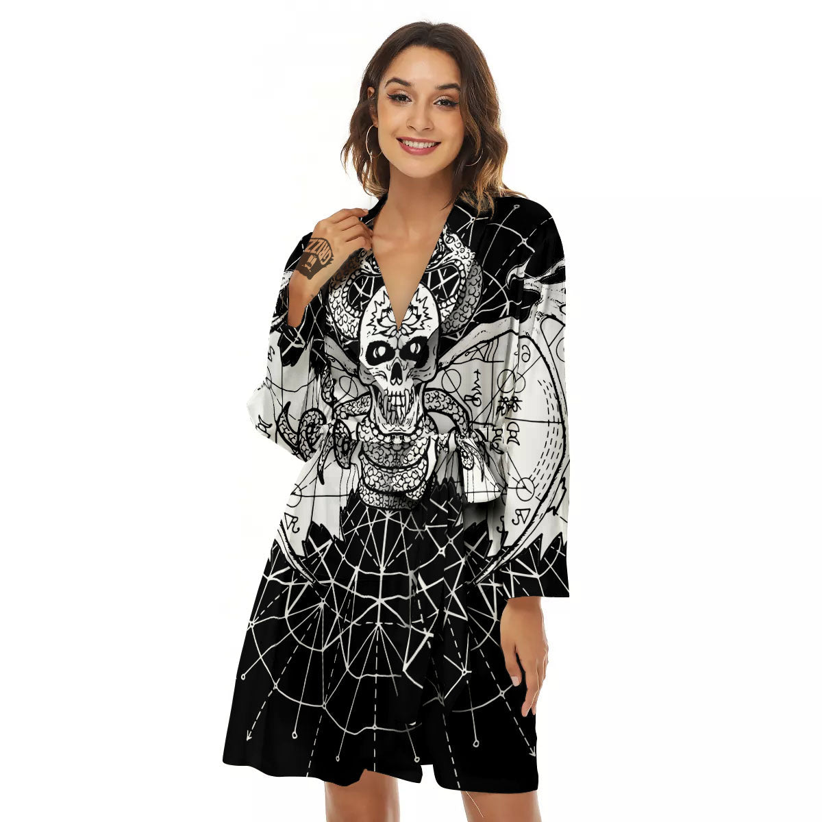 Wicca Devil Skull White And Black Print Women's Robe-grizzshop