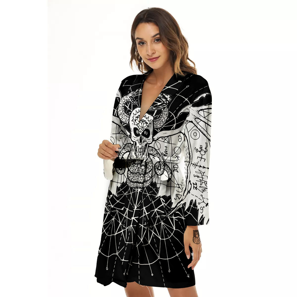 Wicca Devil Skull White And Black Print Women's Robe-grizzshop