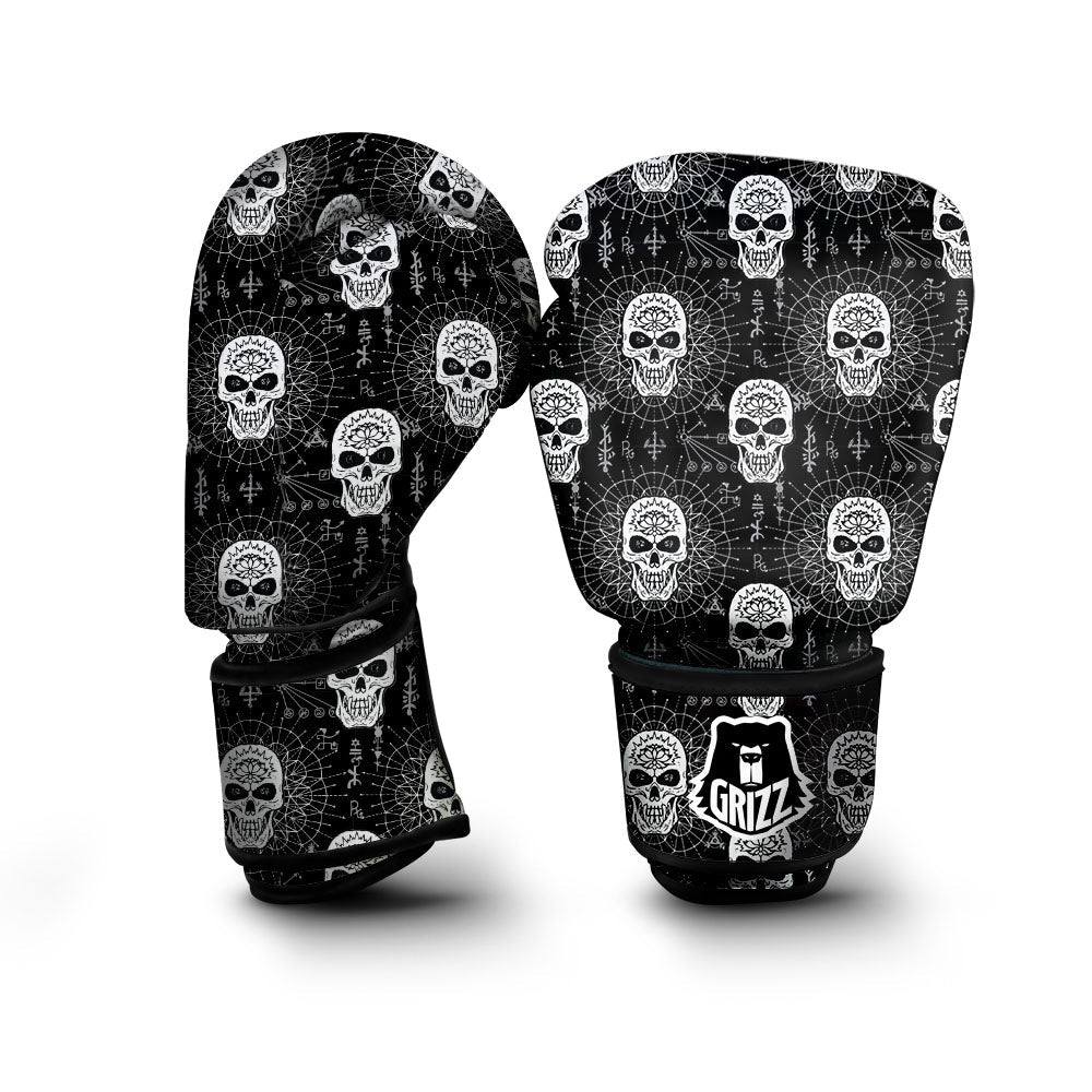 Wicca Evil Skull White And Black Print Boxing Gloves-grizzshop