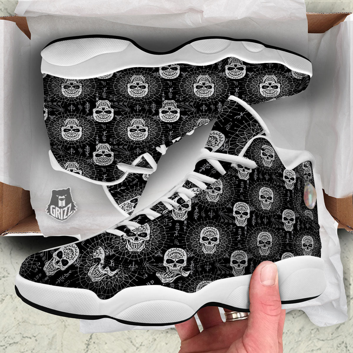 Wicca Evil Skull White And Black Print White Basketball Shoes-grizzshop