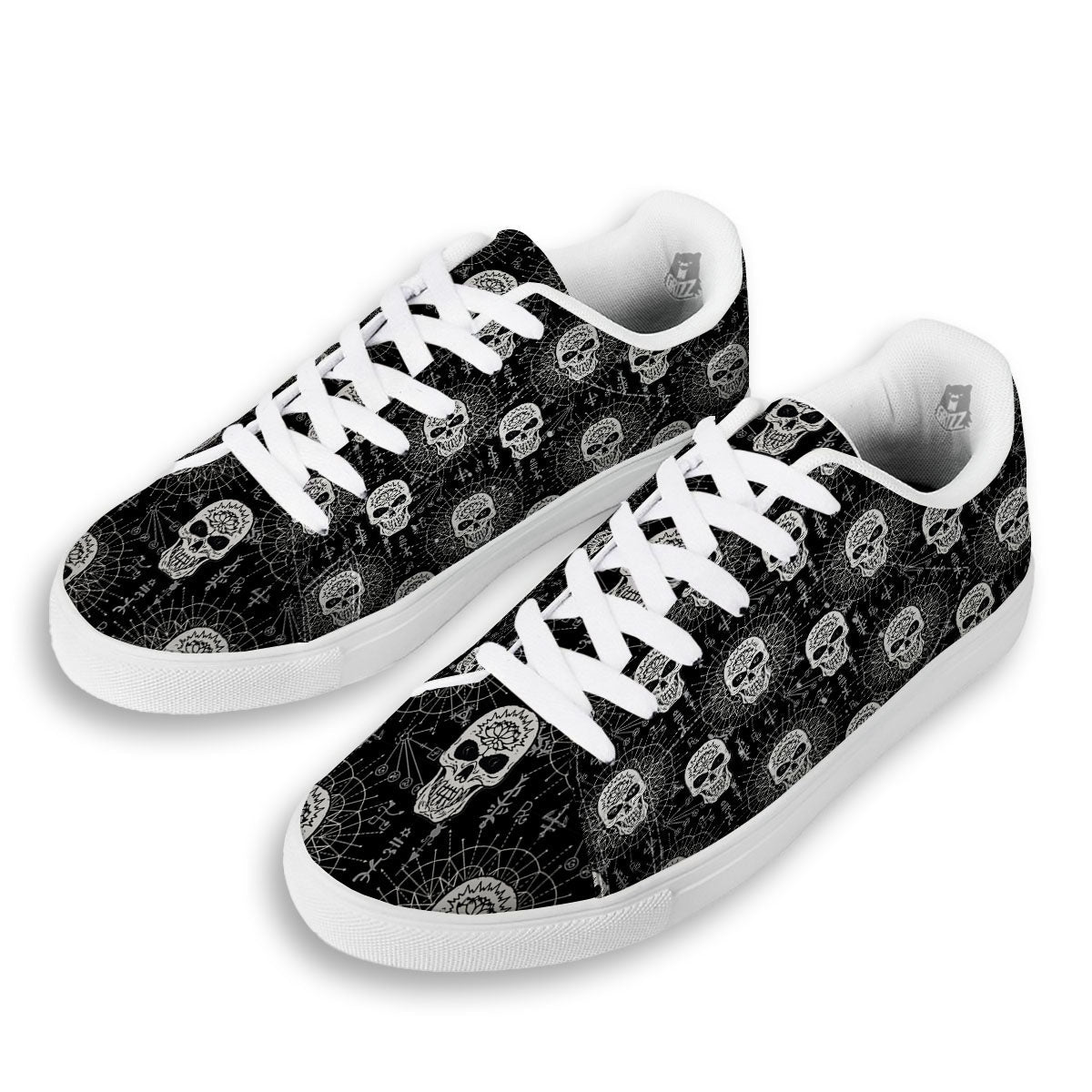 Wicca Evil Skull White And Black Print White Low Top Sneakers-grizzshop