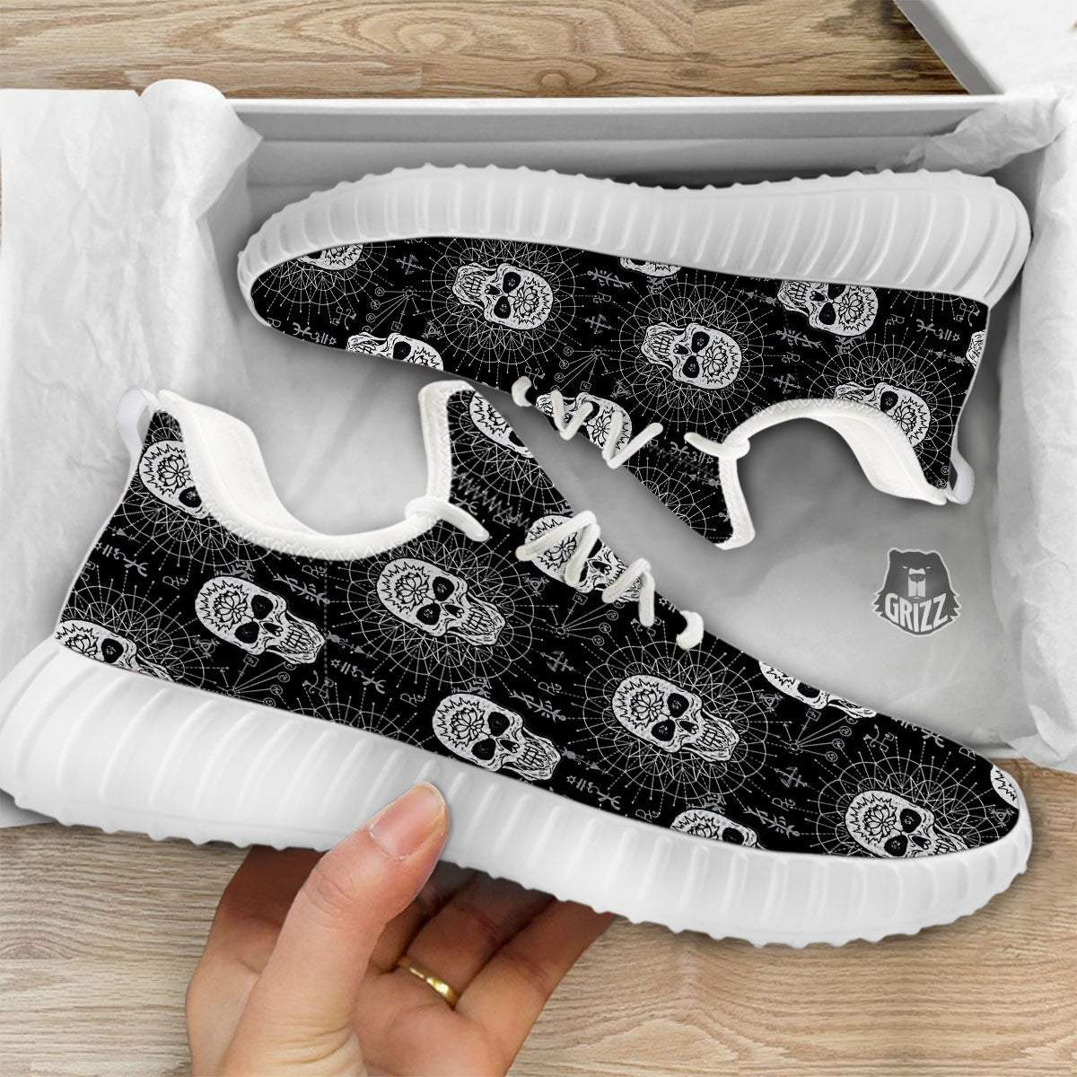 Wicca Evil Skull White And Black Print White Walking Shoes-grizzshop