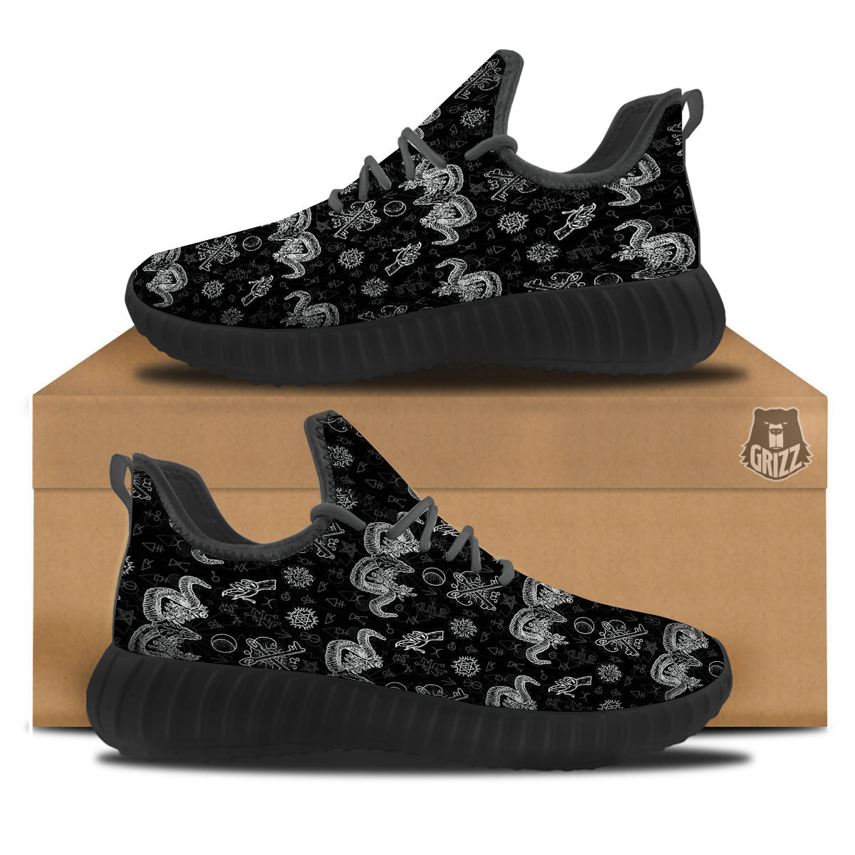 Wicca Gothic White And Black Print Black Walking Shoes-grizzshop