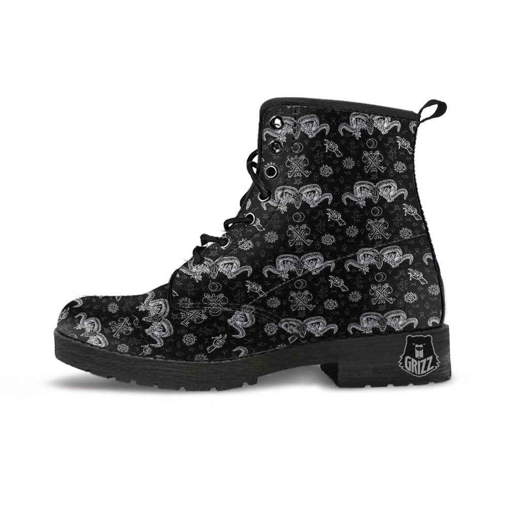Wicca Gothic White And Black Print Leather Boots-grizzshop