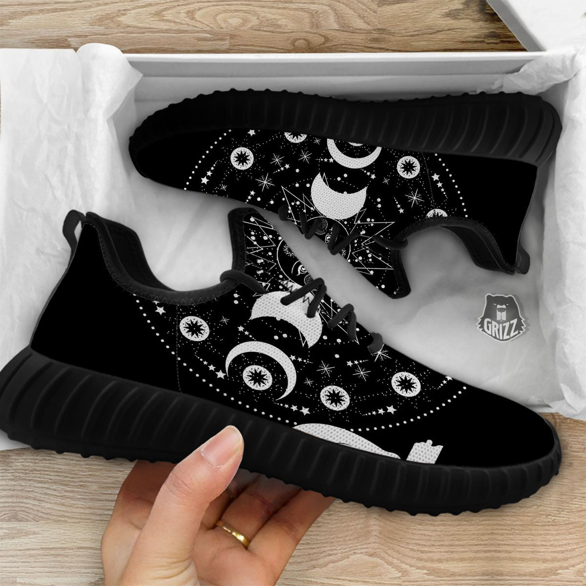 Wicca Magical White And Black Print Black Walking Shoes-grizzshop
