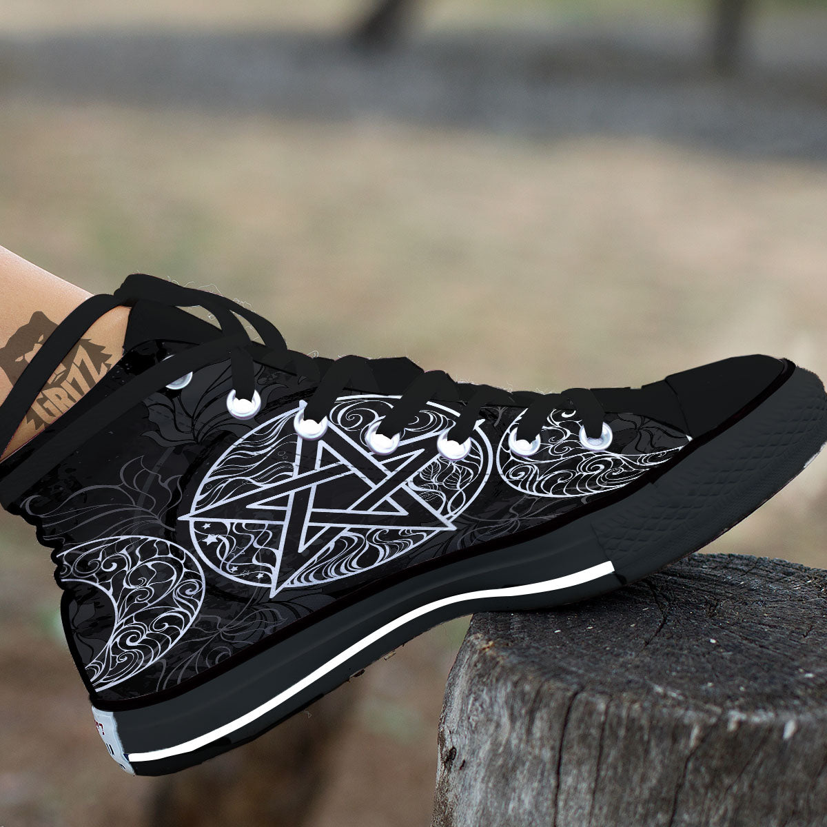 Wicca Pentagram White And Black Print Black High Top Shoes-grizzshop