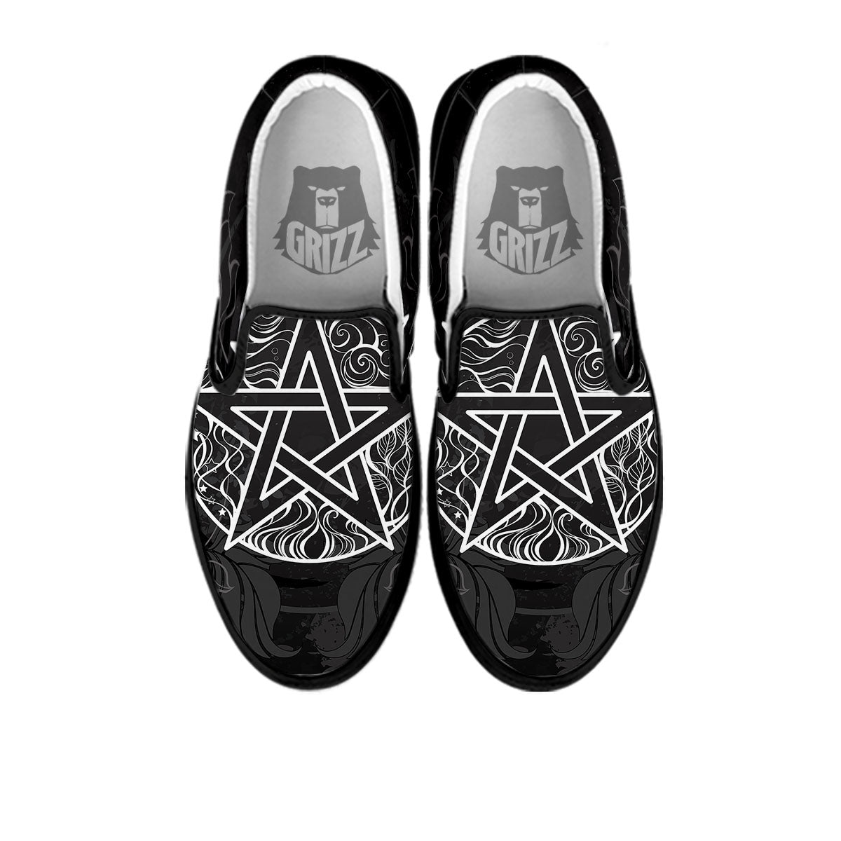 Wicca Pentagram White And Black Print Black Slip On Shoes-grizzshop
