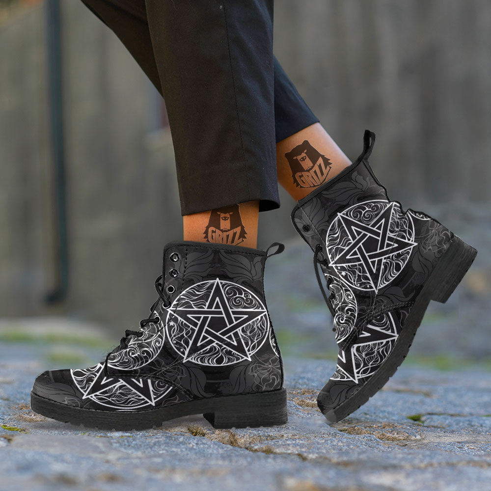 Wicca Pentagram White And Black Print Leather Boots-grizzshop