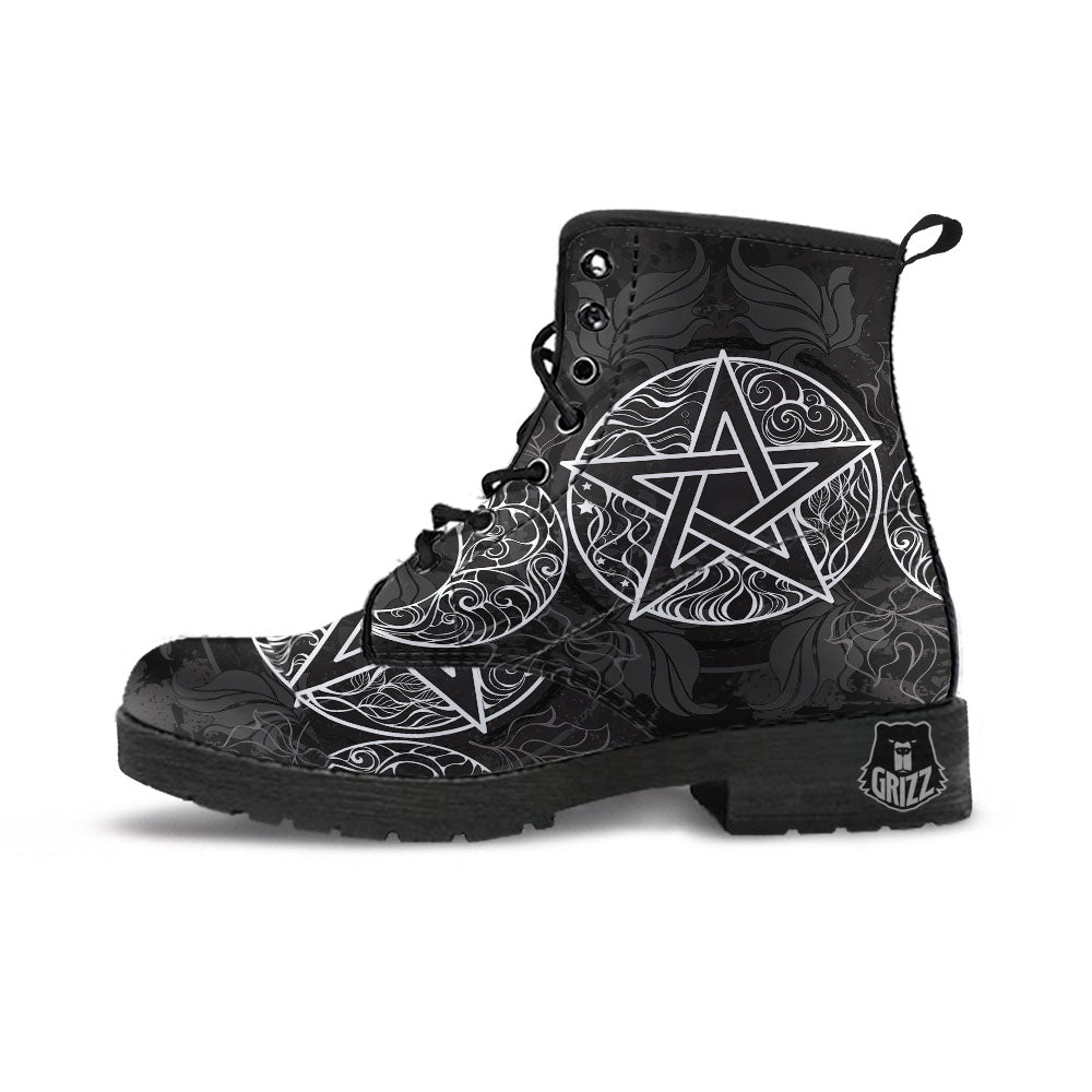 Wicca Pentagram White And Black Print Leather Boots-grizzshop