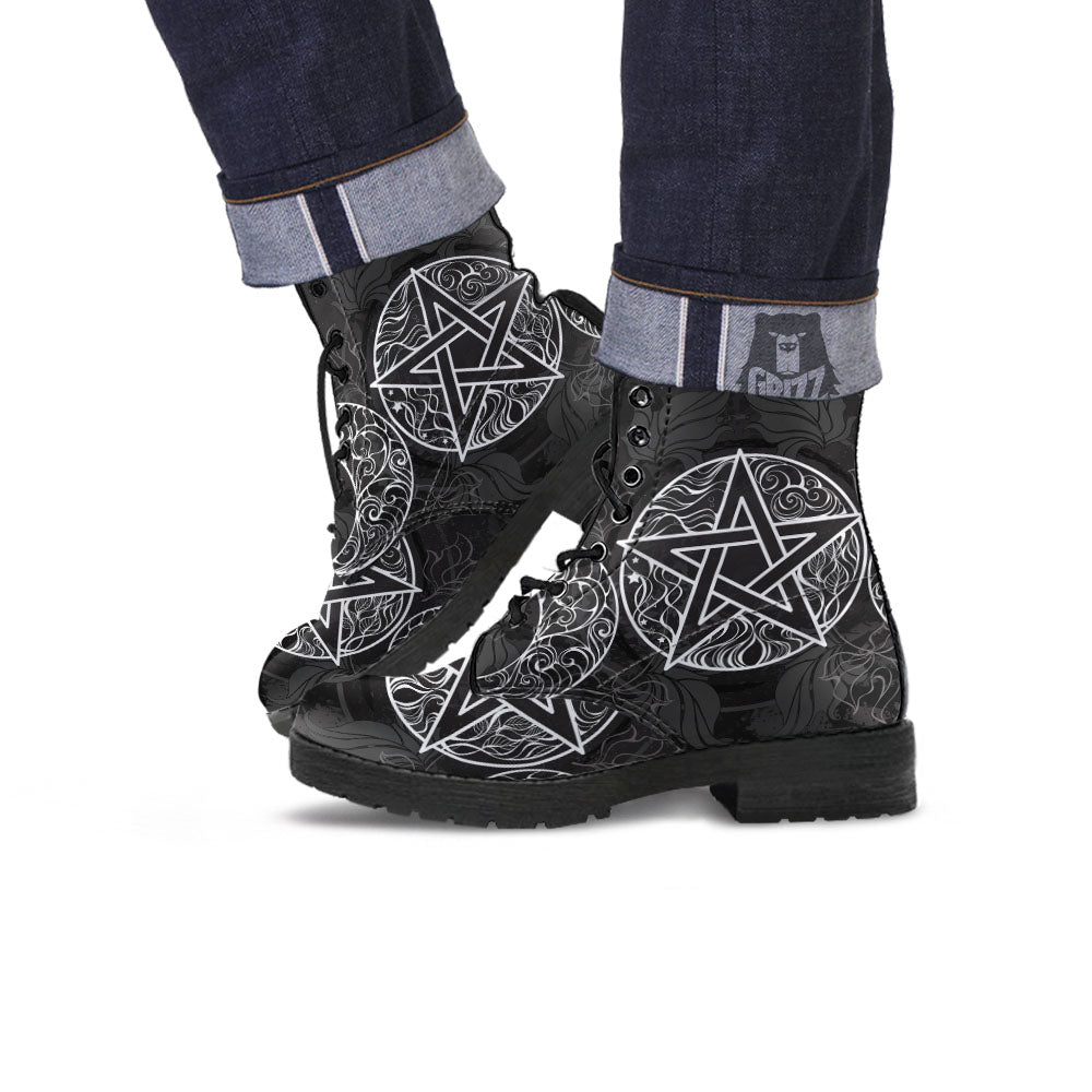 Wicca Pentagram White And Black Print Leather Boots-grizzshop
