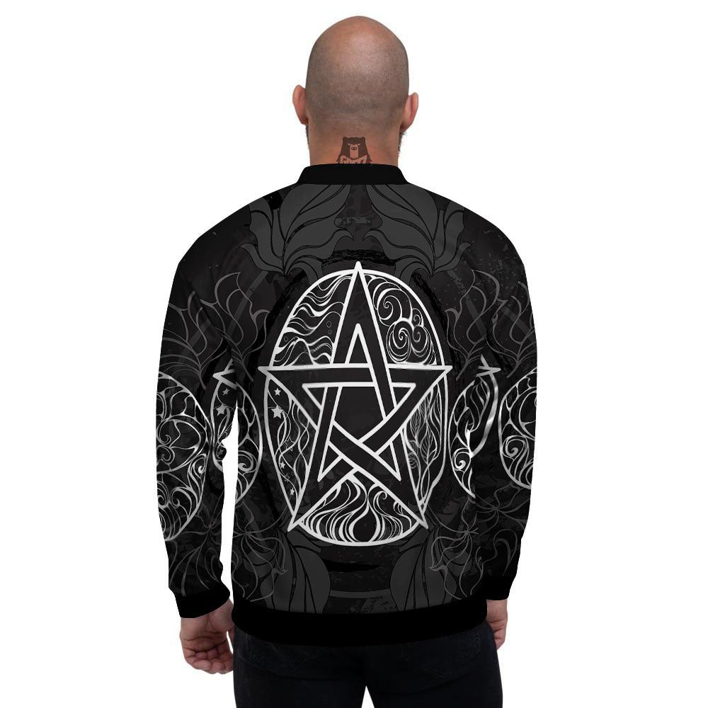 Wicca Pentagram White And Black Print Men's Bomber Jacket-grizzshop
