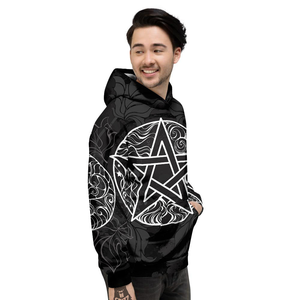 Wicca Pentagram White And Black Print Men's Hoodie-grizzshop