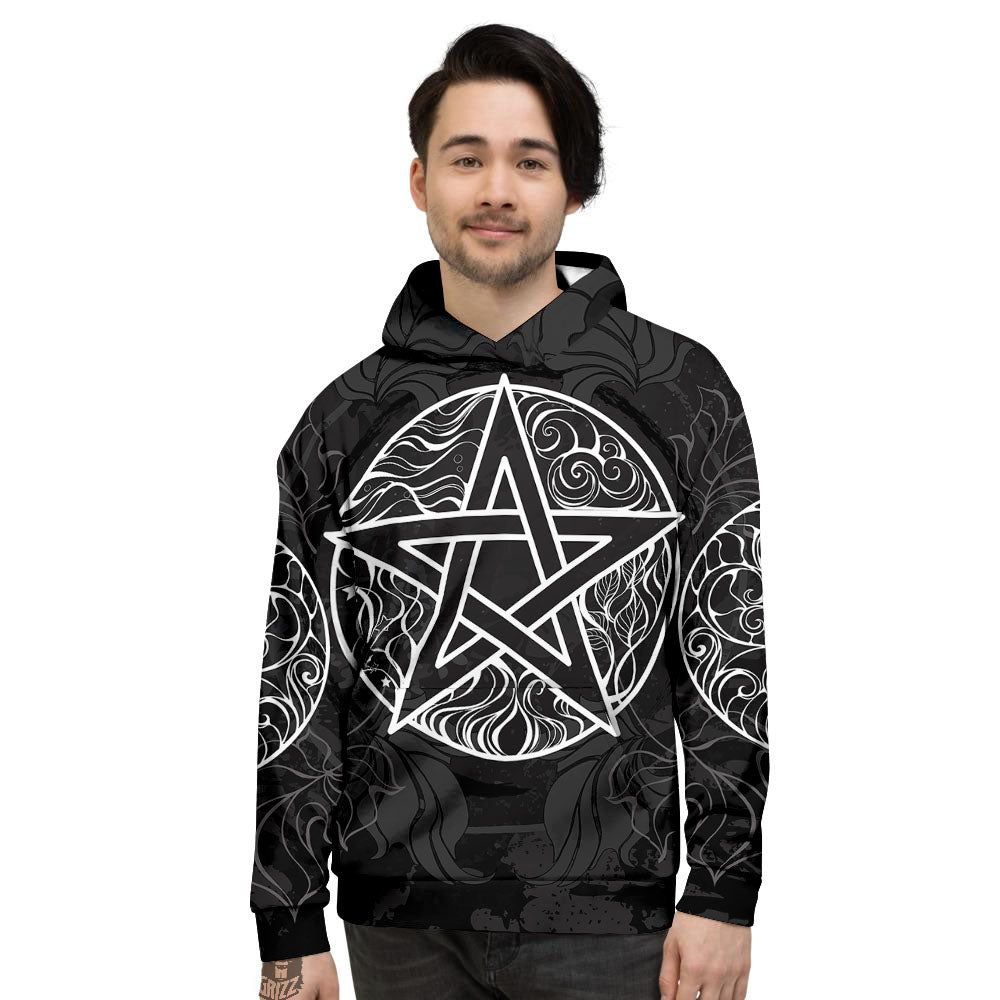 Wicca Pentagram White And Black Print Men's Hoodie-grizzshop