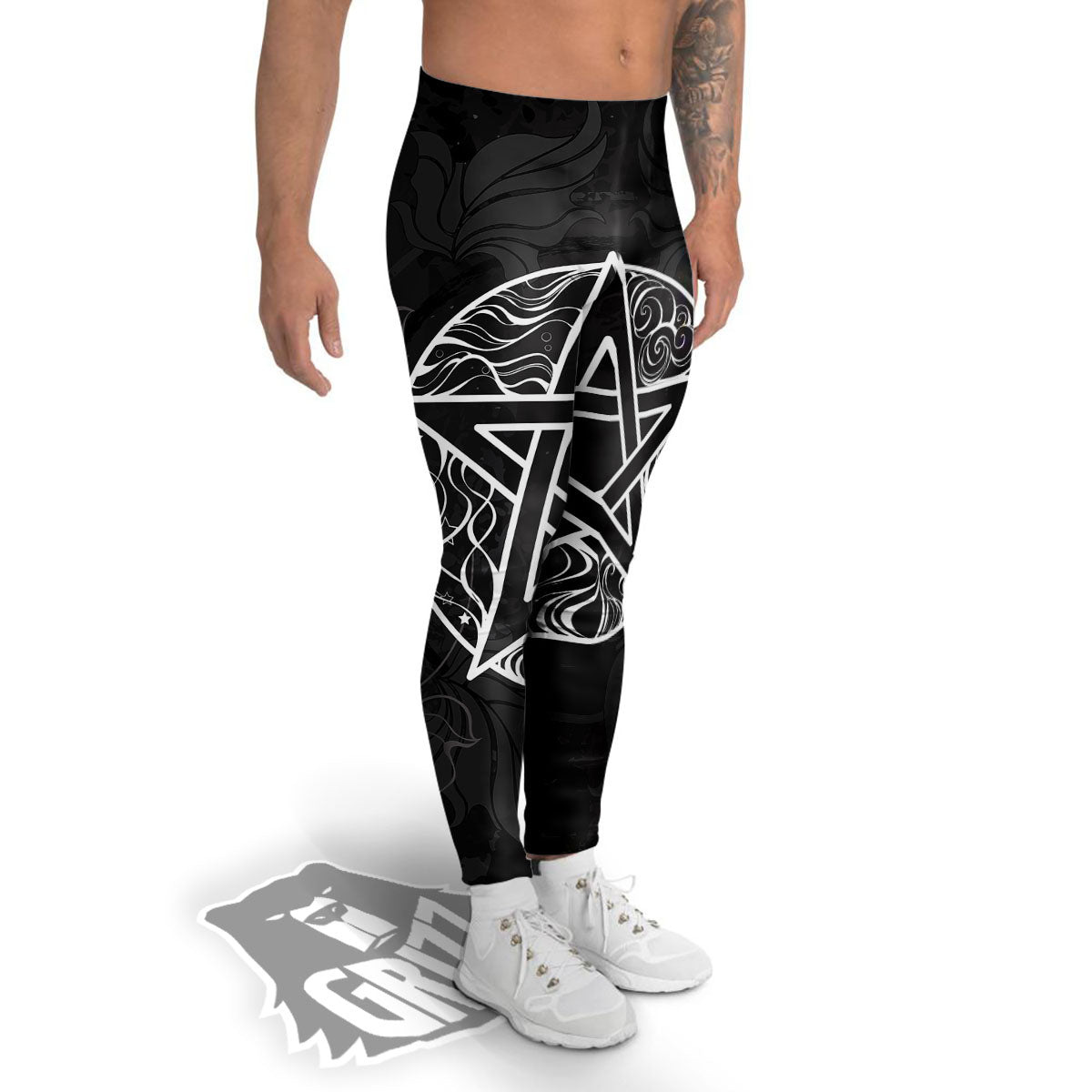 Wicca Pentagram White And Black Print Men's Leggings-grizzshop