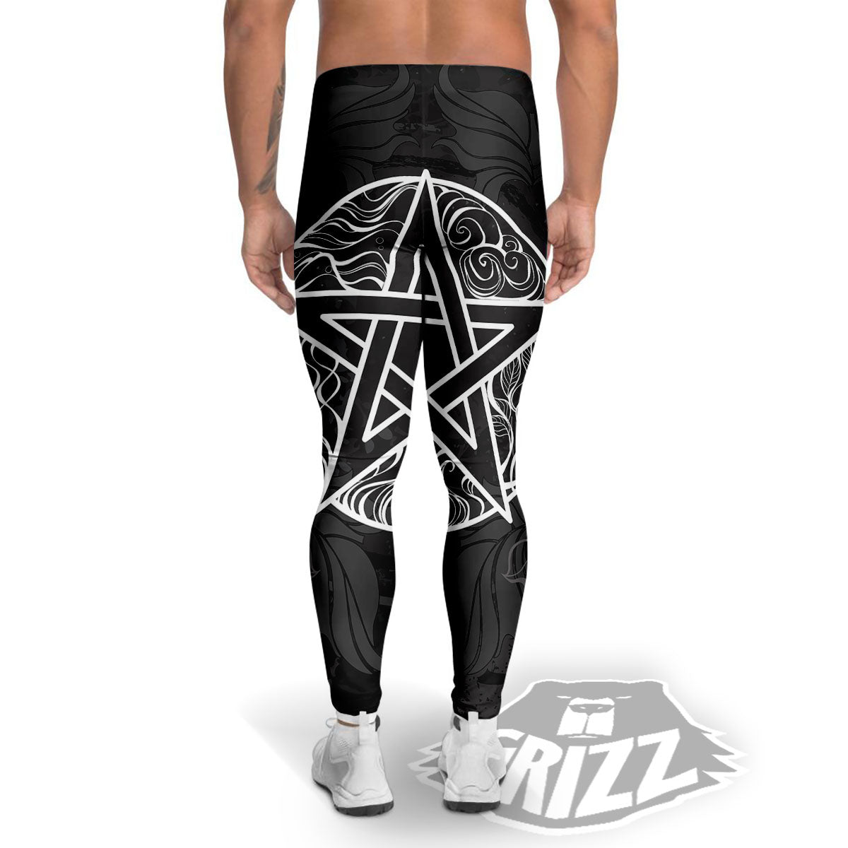 Wicca Pentagram White And Black Print Men's Leggings-grizzshop