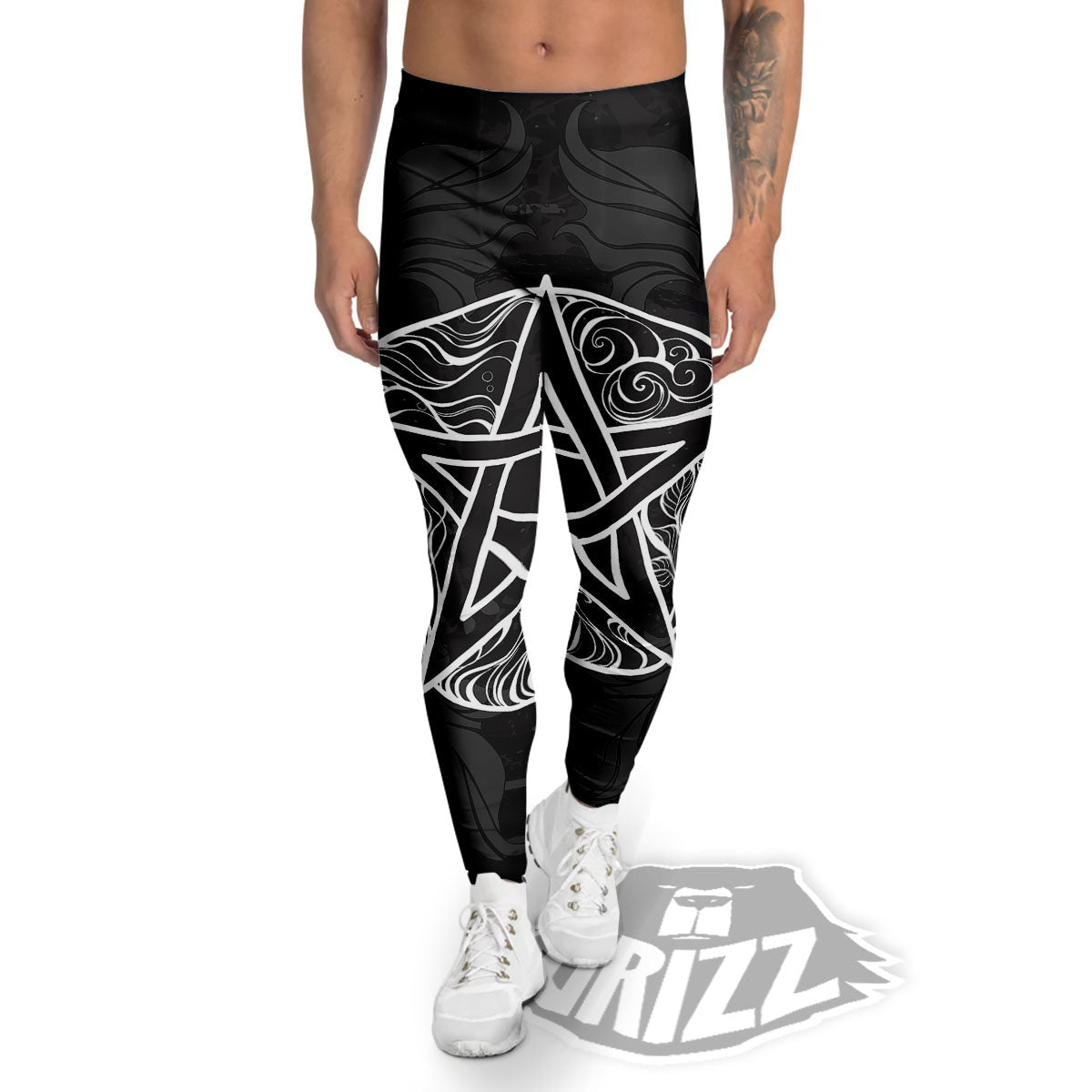 Wicca Pentagram White And Black Print Men's Leggings-grizzshop