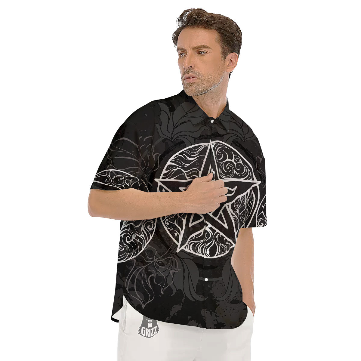 Wicca Pentagram White And Black Print Men's Short Sleeve Shirts-grizzshop