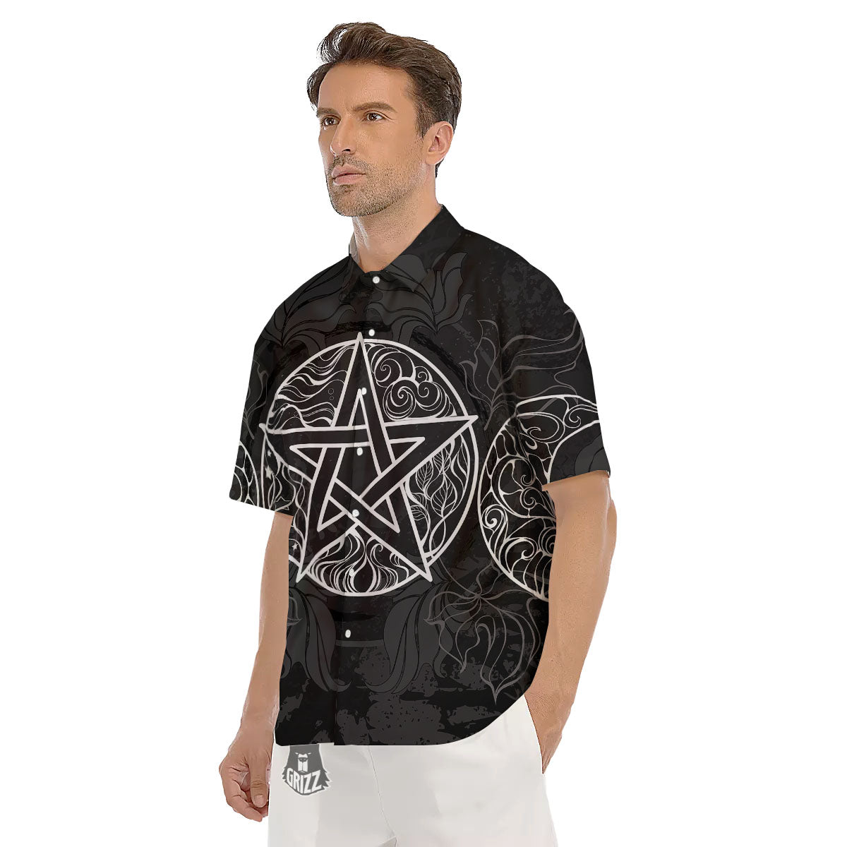 Wicca Pentagram White And Black Print Men's Short Sleeve Shirts-grizzshop